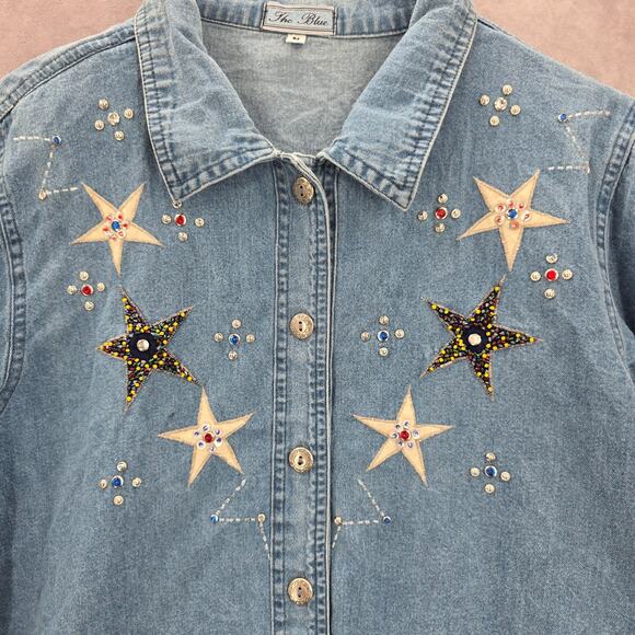 The Blue Stars Studded Rhinestone Button Up VTG Y2K Cotton Shirt Top Medium M - Picture 5 of 7